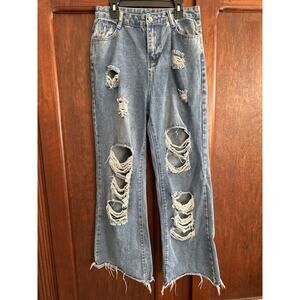 Distressed High Waist Wide Leg Flare Jean